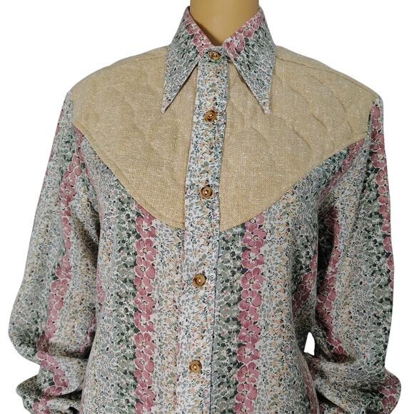 1970s Western Cream Floral Print Patchwork Quilted Yoke Button Up Shirt Size M - Picture 3 of 10